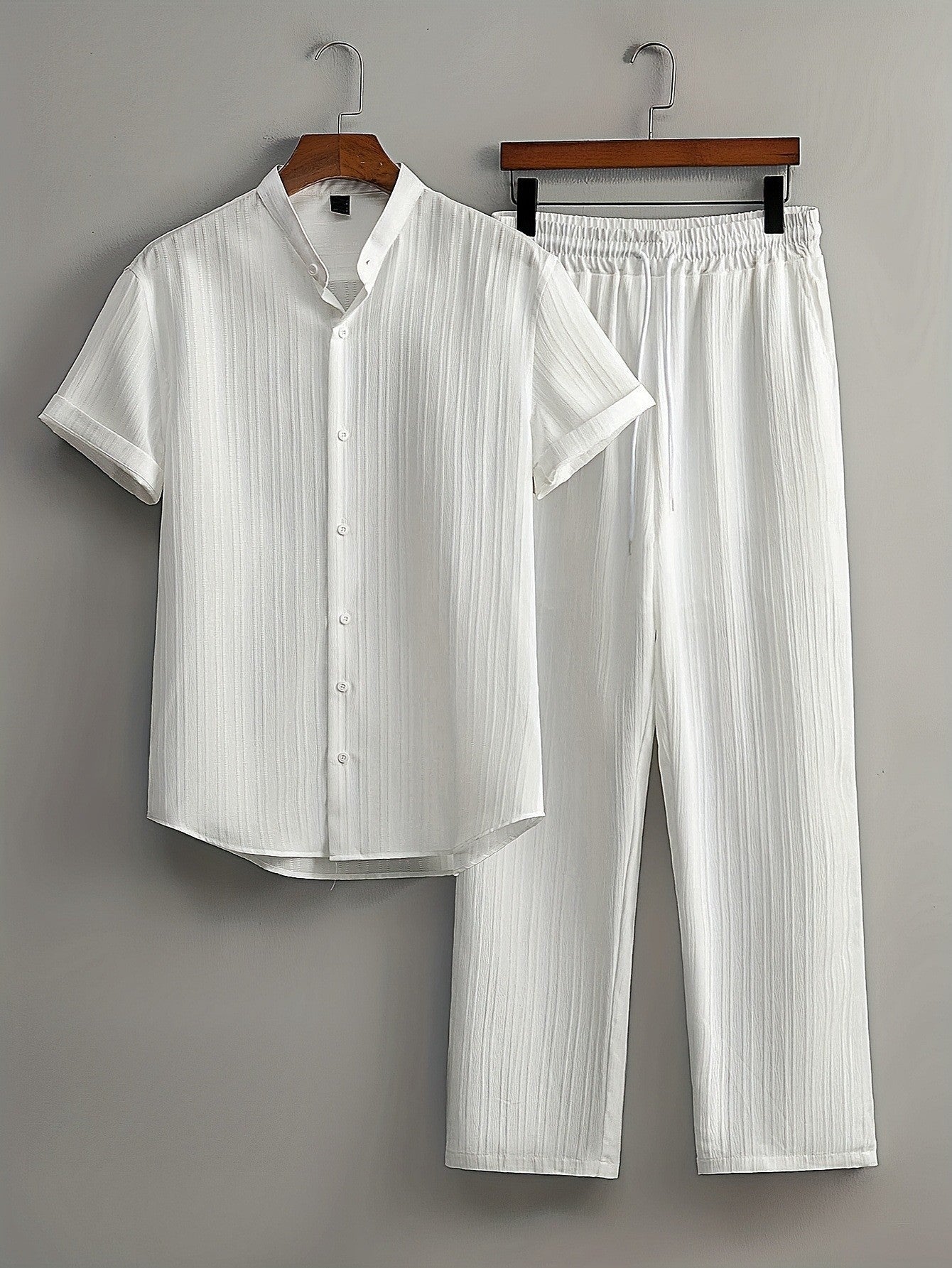 Mens Multi-Color Bamboo-Texture Wrinkle-Finish Short-Sleeve Shirt And Pants Set