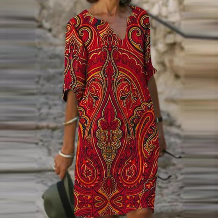 Summer Printed Loose Bamboo Fiber Linen Floral Short Sleeved Women