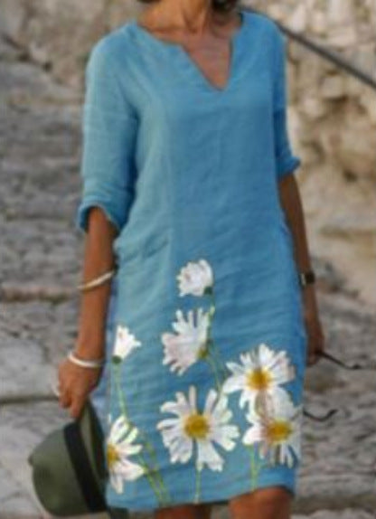 Summer Printed Loose Bamboo Fiber Linen Floral Short Sleeved Women