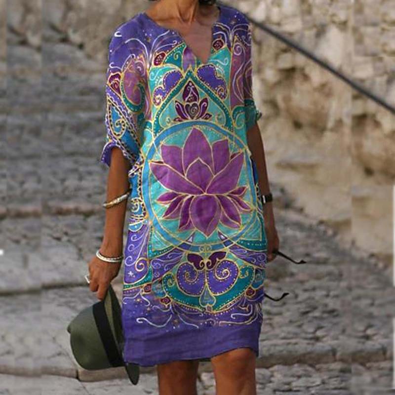 Summer Printed Loose Bamboo Fiber Linen Floral Short Sleeved Women