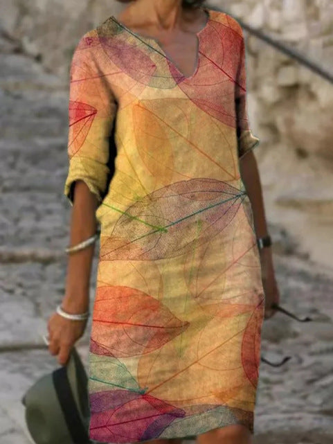 Summer Printed Loose Bamboo Fiber Linen Floral Short Sleeved Women