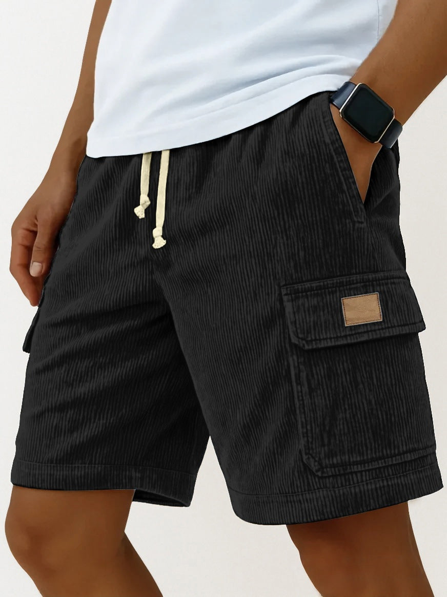Versatile 3D Bag Mens Drawstring Corduroy Side-Pocket Shorts