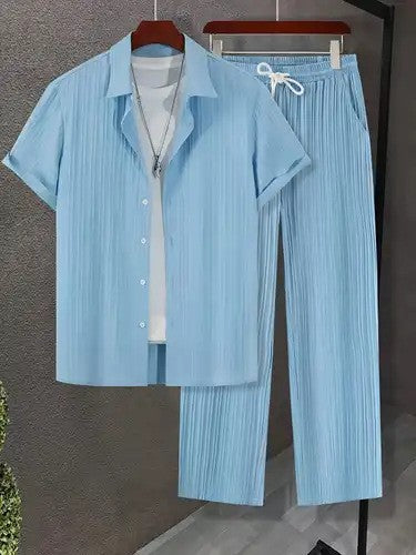 Mens Multi-Color Bamboo-Texture Wrinkle-Finish Short-Sleeve Shirt And Pants Set