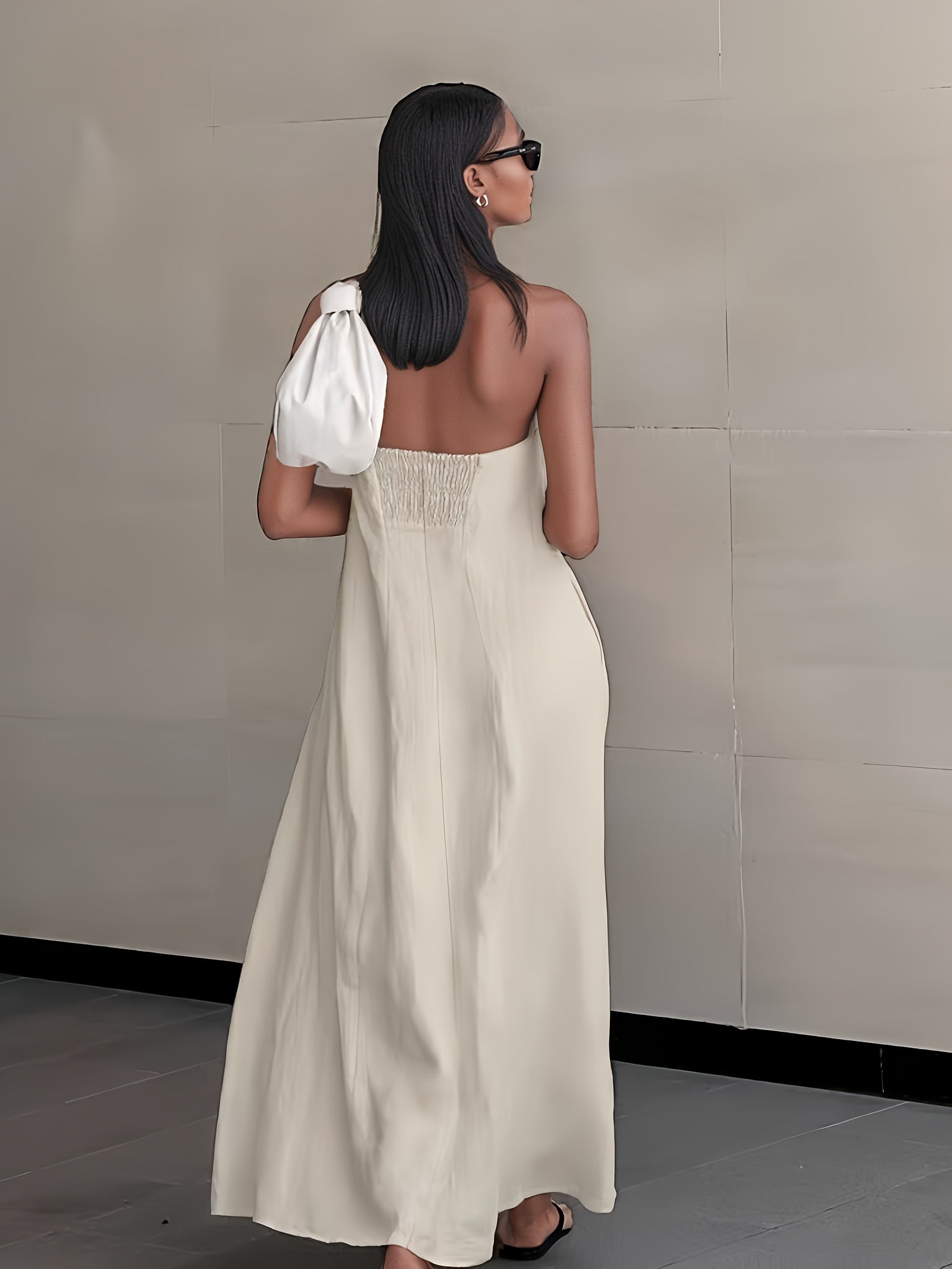 2026 NEW SUMMER Linen Women's High-Waisted Strapless Backless Patchwork Pocket Dress Lightweight Casual Vacation Dress With Smooth Texture, Solid Color Long Dress For Summer