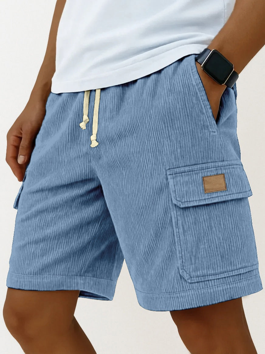 Versatile 3D Bag Mens Drawstring Corduroy Side-Pocket Shorts