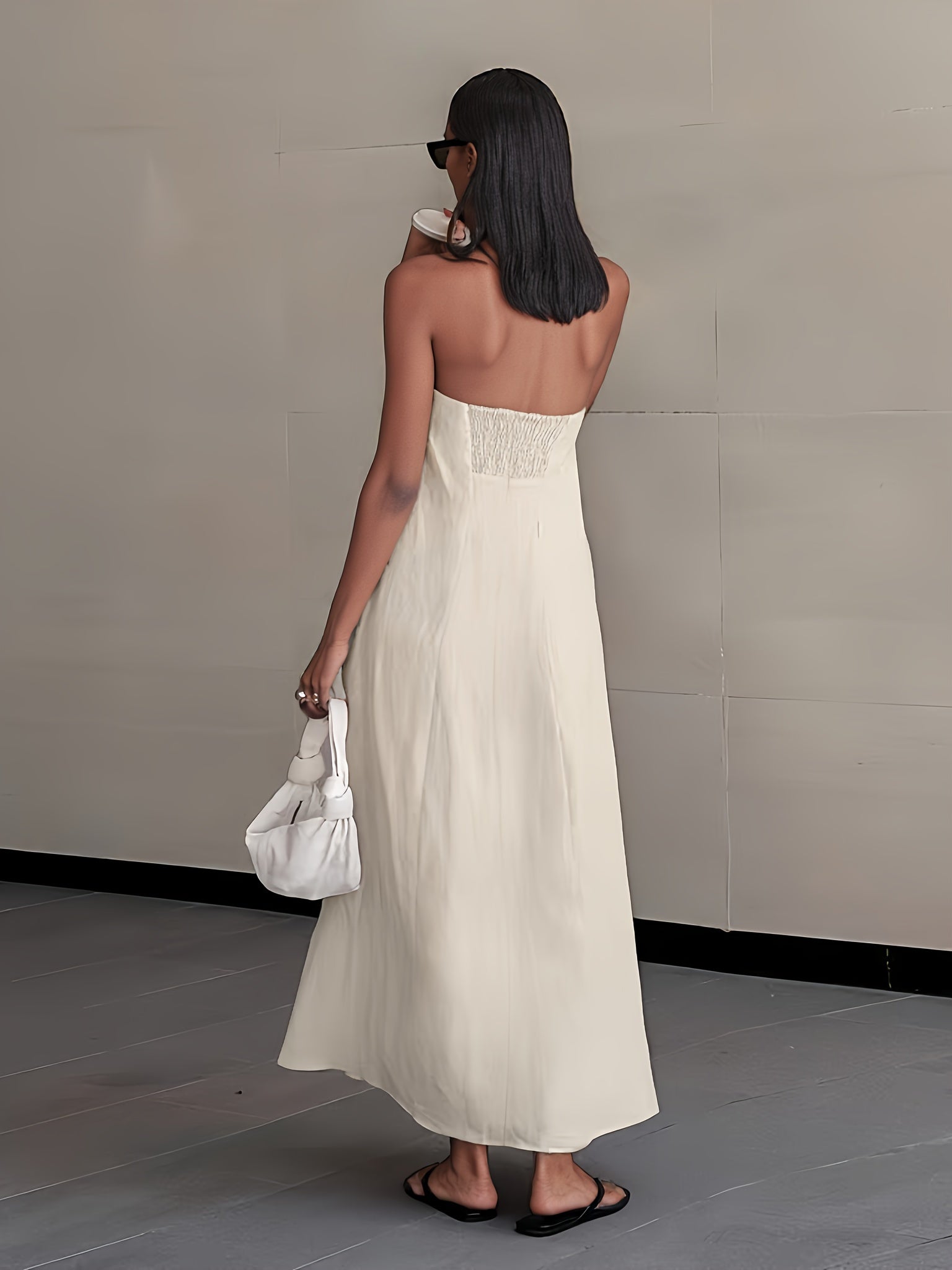 2026 NEW SUMMER Linen Women's High-Waisted Strapless Backless Patchwork Pocket Dress Lightweight Casual Vacation Dress With Smooth Texture, Solid Color Long Dress For Summer