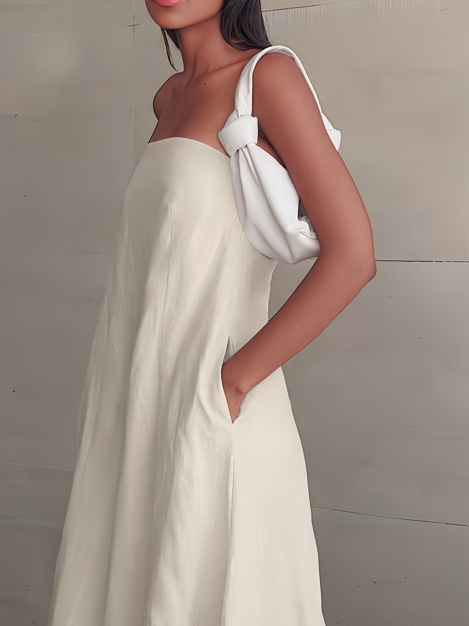 2026 NEW SUMMER Linen Women's High-Waisted Strapless Backless Patchwork Pocket Dress Lightweight Casual Vacation Dress With Smooth Texture, Solid Color Long Dress For Summer